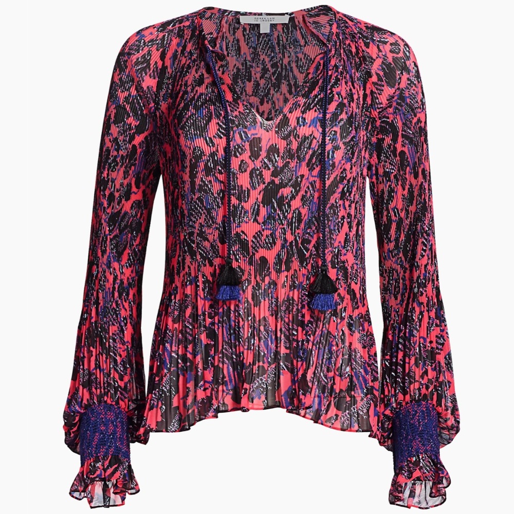 HELENA Derek Lam 10 Crosby Pink Blue Plisse Boho Balloon Sleeve Tassel Blouse